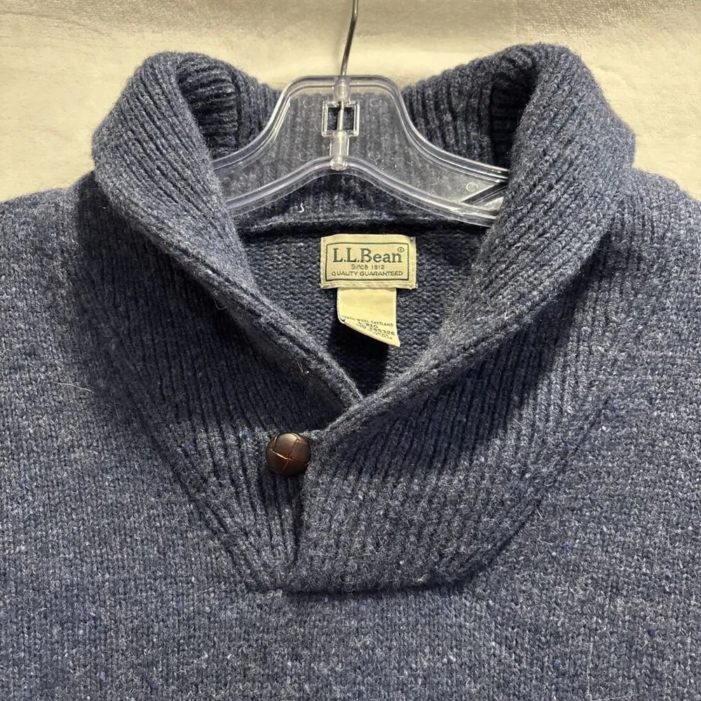 LL Bean Shetland Wool Shawl Collar Sweater Men's Size Large Blue Elbow Patches